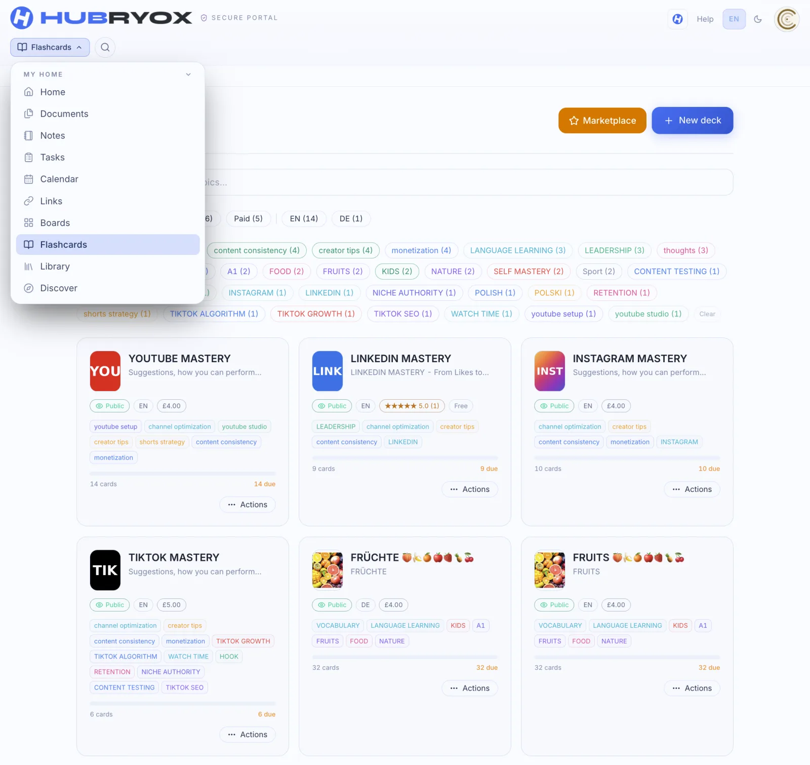 Flashcards in your main menu