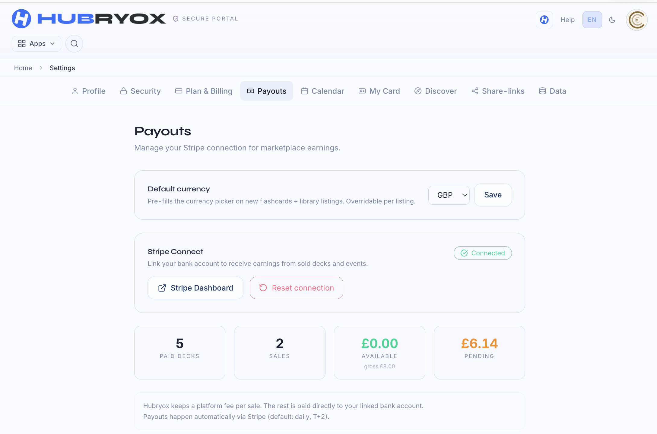 Payouts settings: Stripe Connect, default currency and your sales overview.